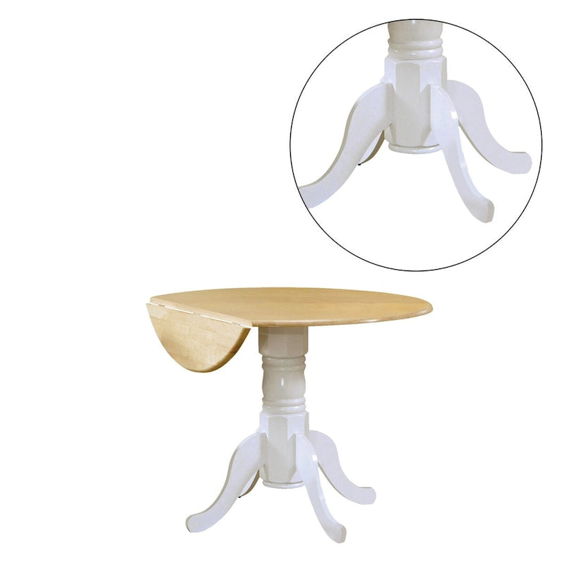 Table à manger ronde à piédestal et abattants, marron naturel et blanc
