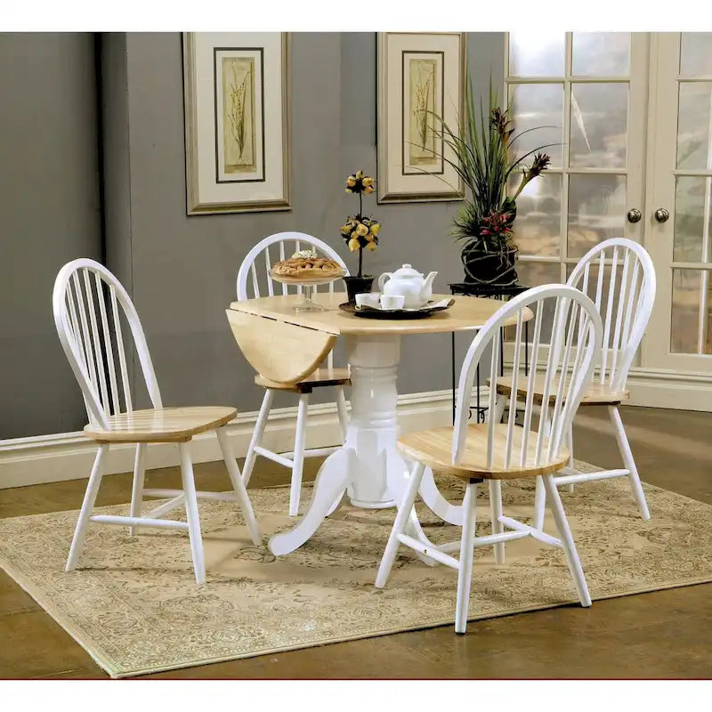Table à manger ronde à piédestal et abattants, marron naturel et blanc