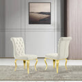 Luxury White Velvet Dining Chairs with Crystal Decor Button Tufted Back and Gold Metal Legs