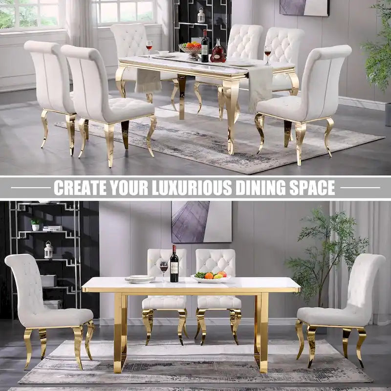 Chaises de salle à manger de luxe en velours blanc avec dossier capitonné et boutons décoratifs en cristal