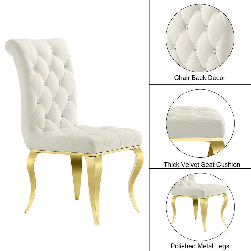 Chaises de salle à manger de luxe en velours blanc avec dossier capitonné et boutons décoratifs en cristal