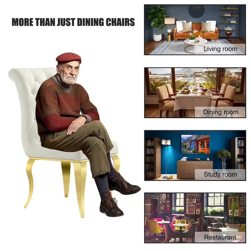 Chaises de salle à manger de luxe en velours blanc avec dossier capitonné et boutons décoratifs en cristal