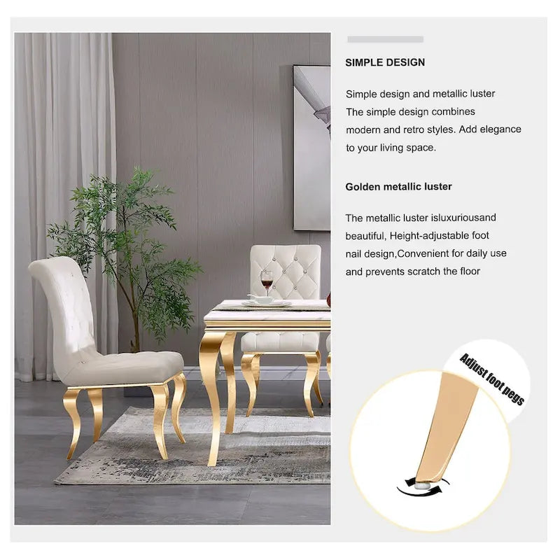Chaises de salle à manger de luxe en velours blanc avec dossier capitonné et boutons décoratifs en cristal