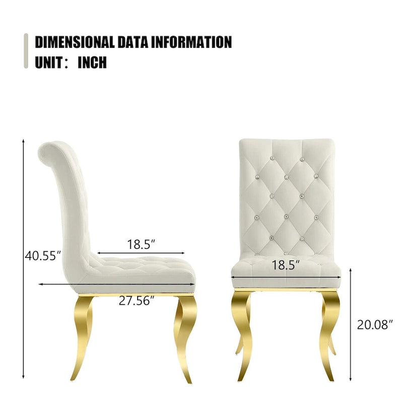 Chaises de salle à manger de luxe en velours blanc avec dossier capitonné et boutons décoratifs en cristal