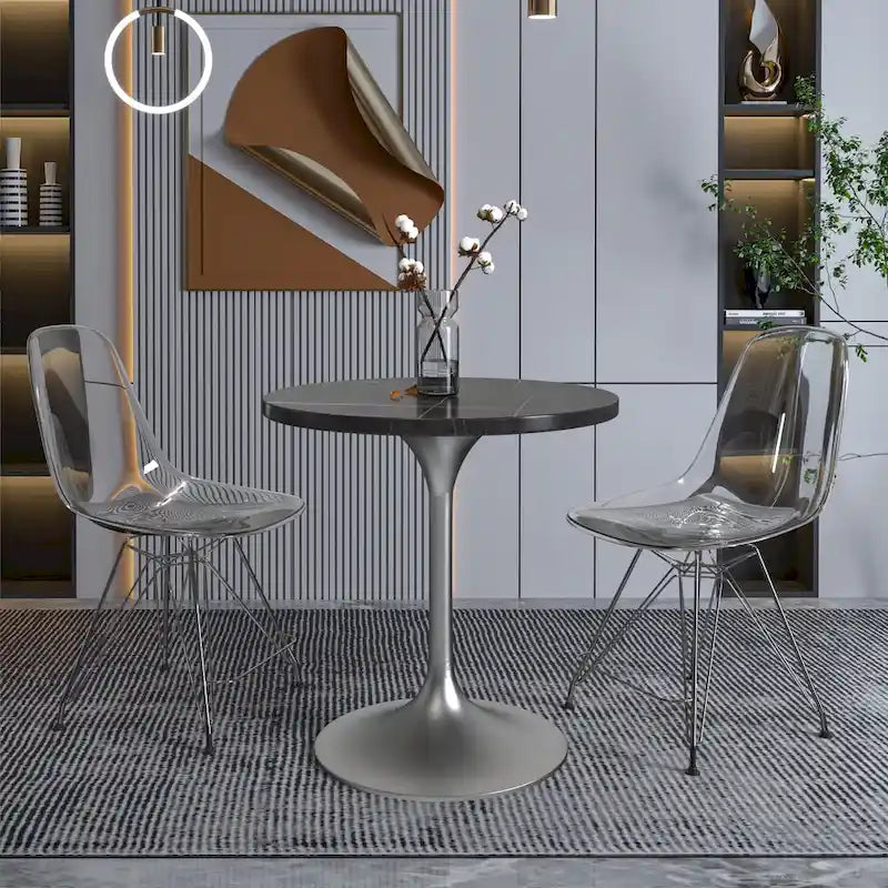 Table à Manger Ronde avec Plateau en Pierre et Piètement en Chrome Brossé