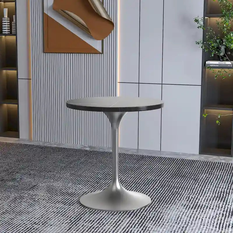 Table à Manger Ronde avec Plateau en Pierre et Piètement en Chrome Brossé