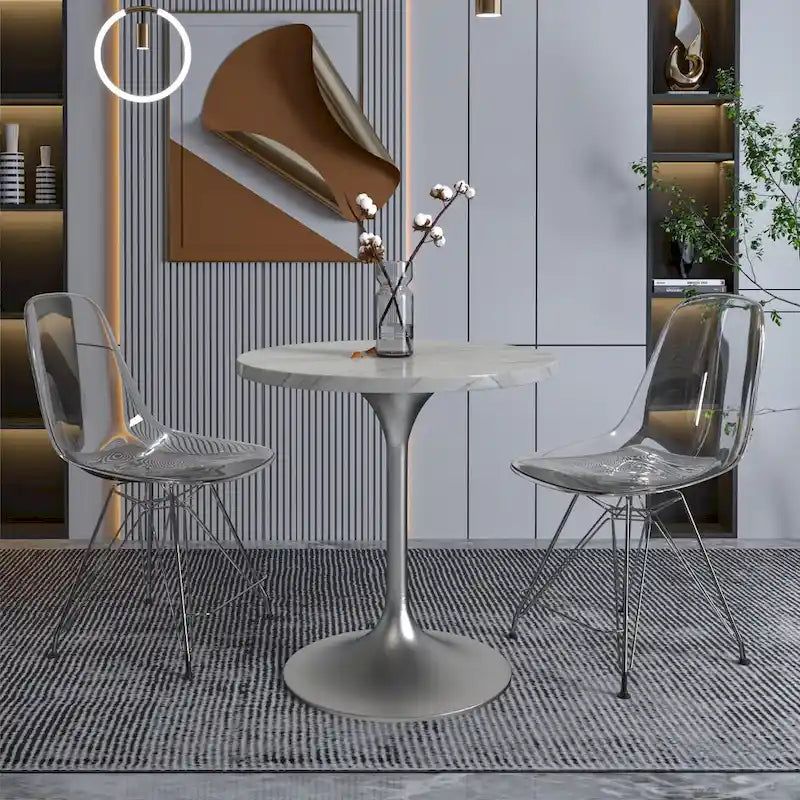 Table à Manger Ronde avec Plateau en Pierre et Piètement en Chrome Brossé