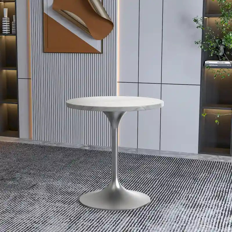 Table à Manger Ronde avec Plateau en Pierre et Piètement en Chrome Brossé