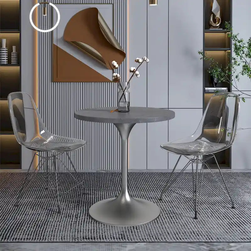 Table à Manger Ronde avec Plateau en Pierre et Piètement en Chrome Brossé