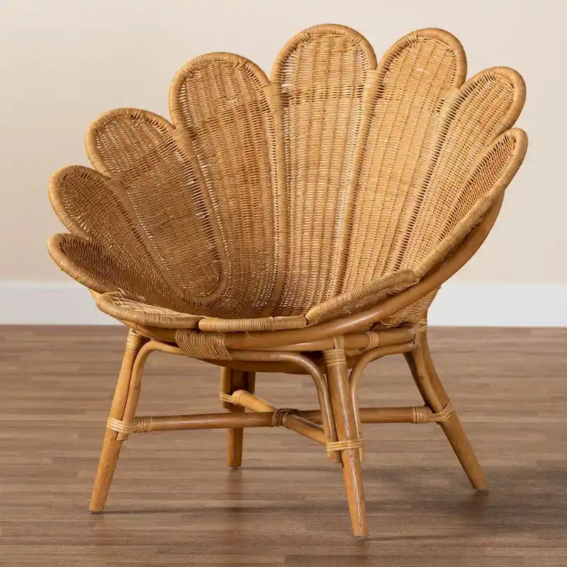 Fauteuil d'appoint bohème en rotin couleur miel avec motif floral